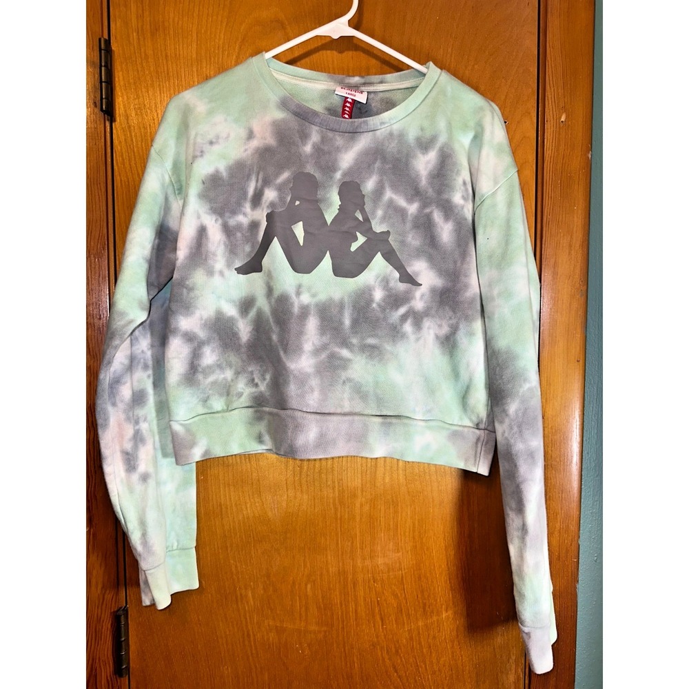 Kappa Cropped Tie Dye Crewneck‎ Sweatshirt Green Gray Womens L 100% Cotton